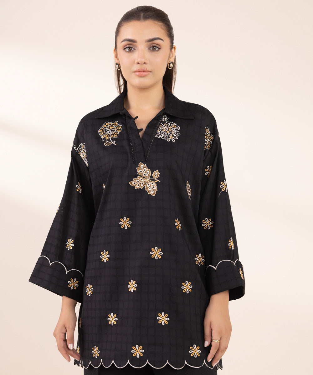 Women's RTW Dobby Black Embroidered Boxy Shirt