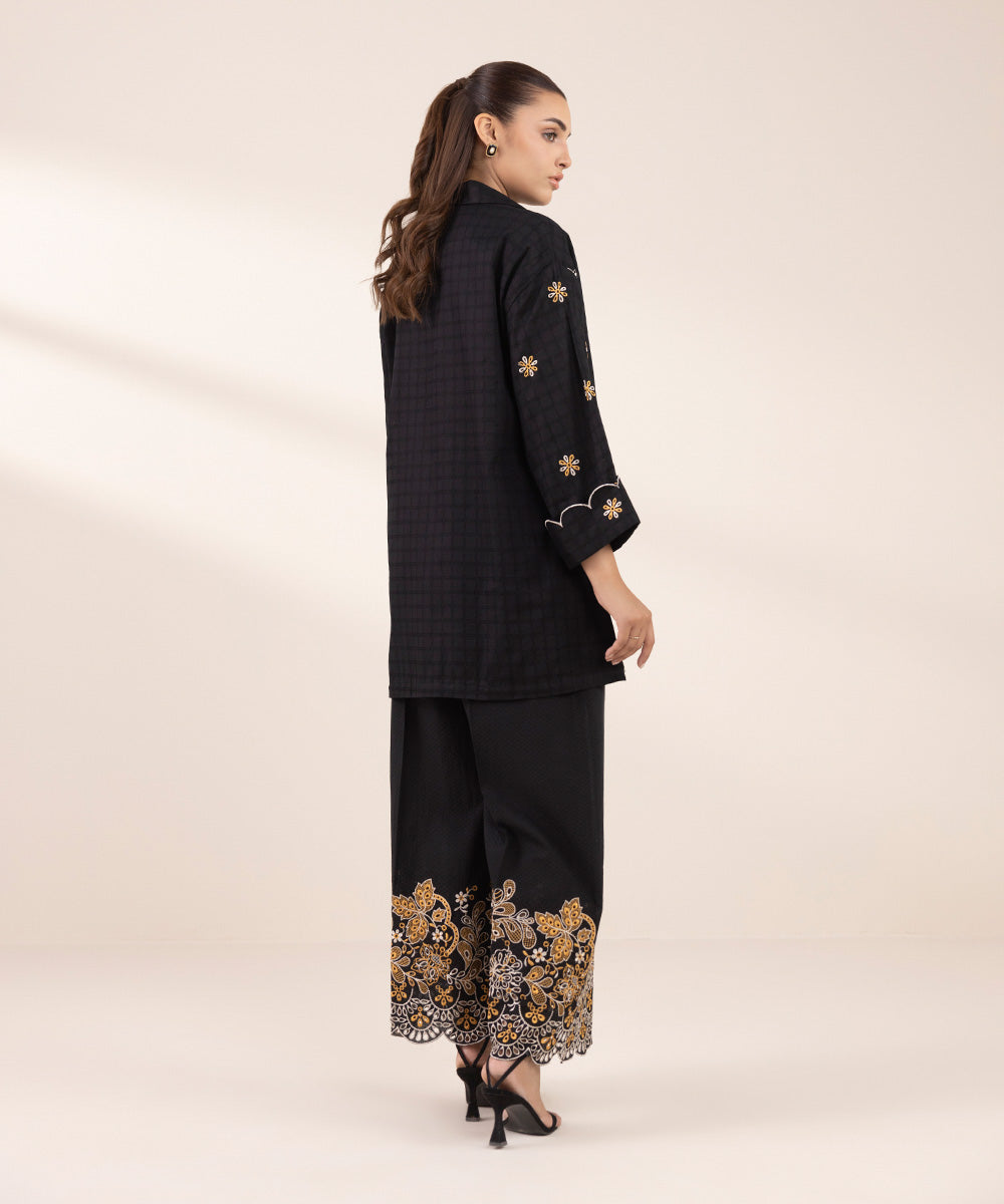 Women's RTW Dobby Black Embroidered Boxy Shirt