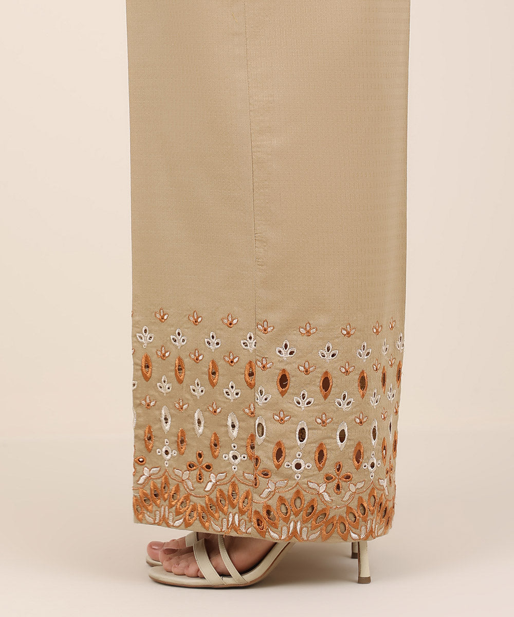 Women's RTW Textured Cotton Brown Embroidered Flared Pants