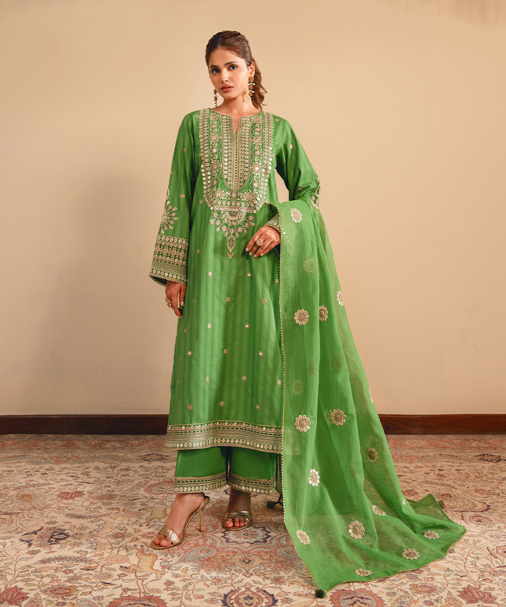Women's RTW Dobby Green Embroidered A-Line Shirt