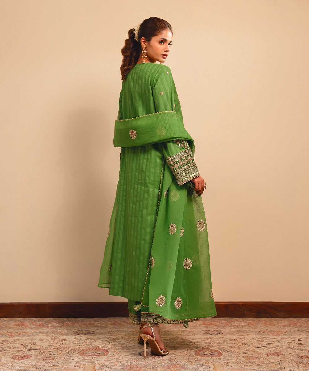 Women's RTW Dobby Green Embroidered A-Line Shirt