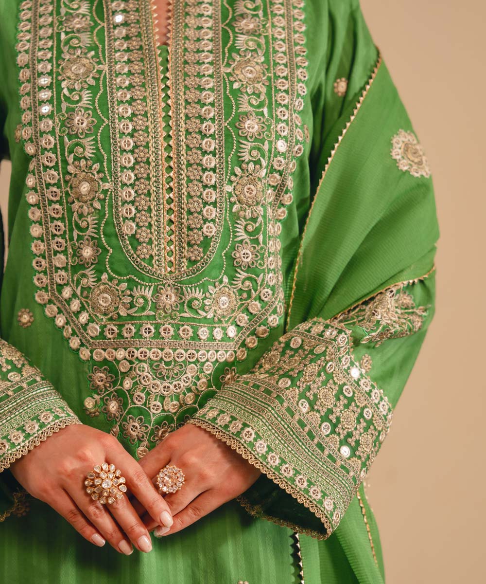Women's RTW Dobby Green Embroidered A-Line Shirt