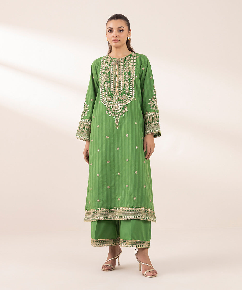 Women's RTW Dobby Green Embroidered A-Line Shirt