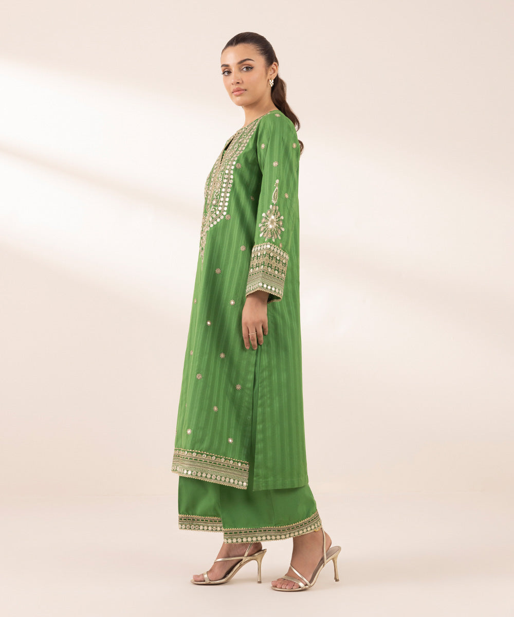 Women's RTW Dobby Green Embroidered A-Line Shirt