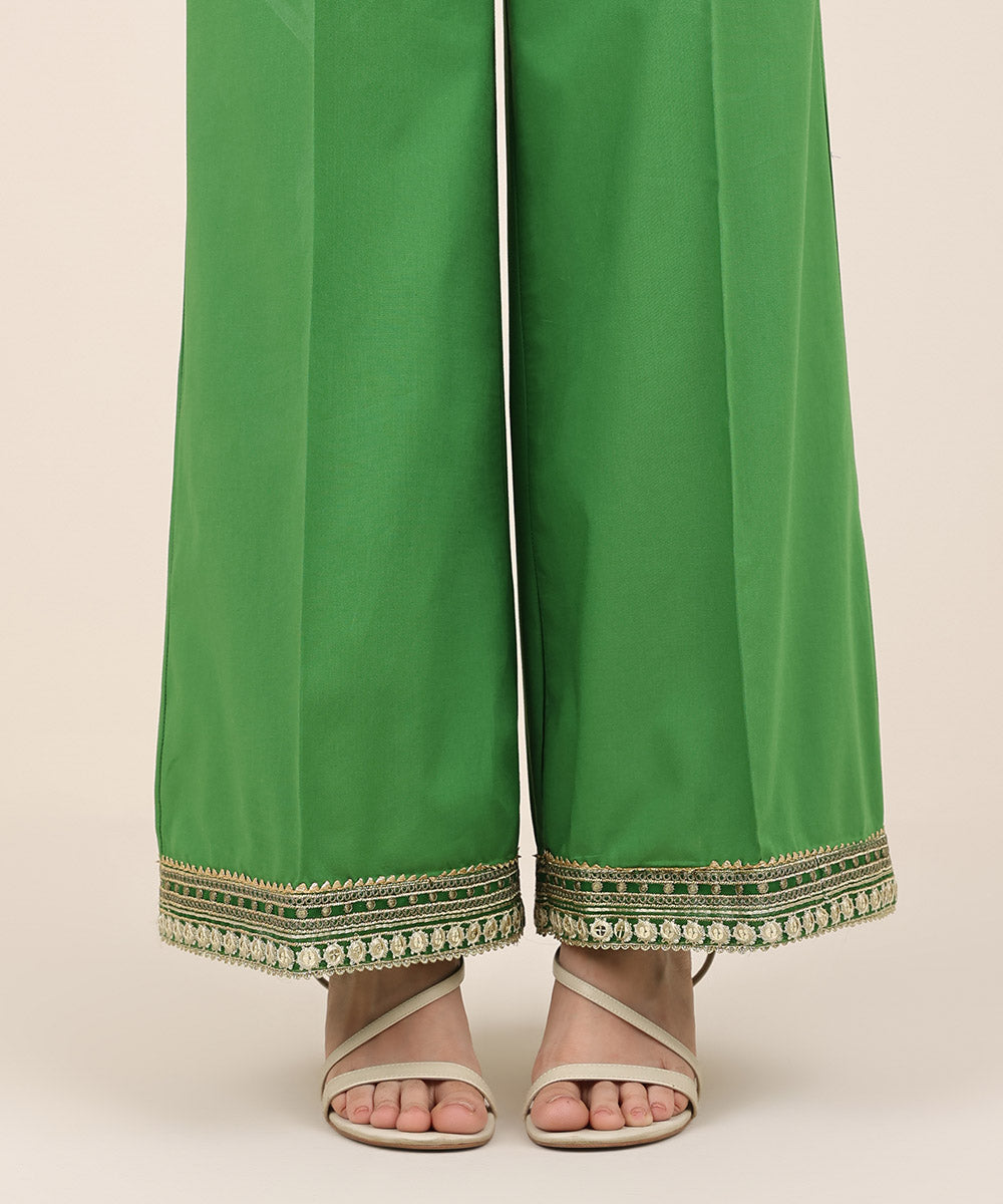 Women's RTW Cambric Green Embroidered Flared Pants