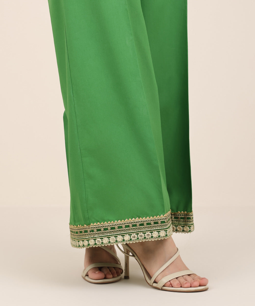 Women's RTW Cambric Green Embroidered Flared Pants