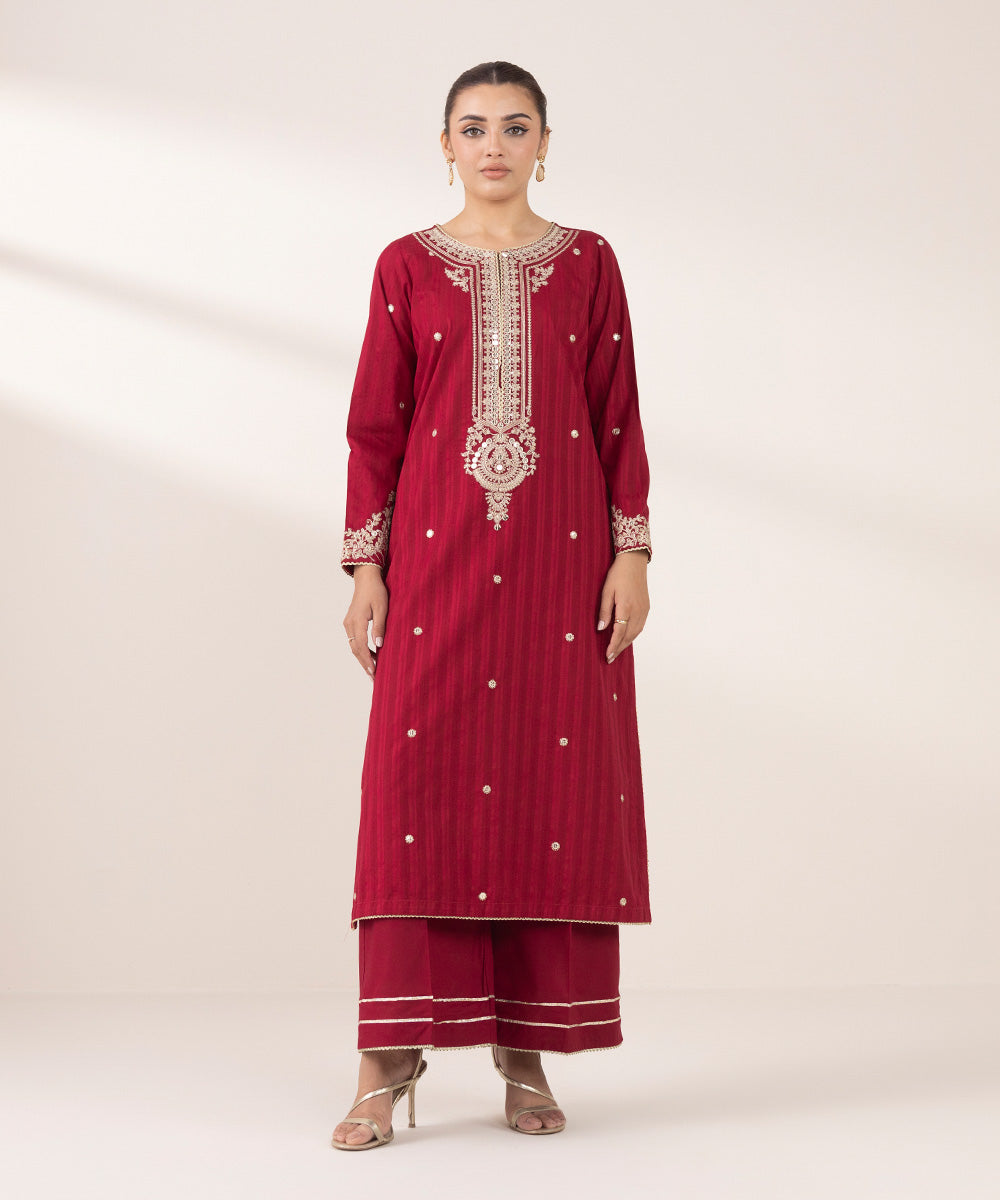 Women's RTW Dobby Red Embroidered A-Line Shirt