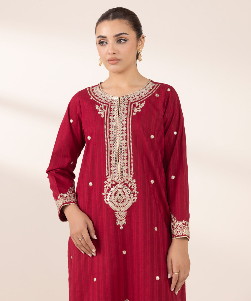 Women's RTW Dobby Red Embroidered A-Line Shirt