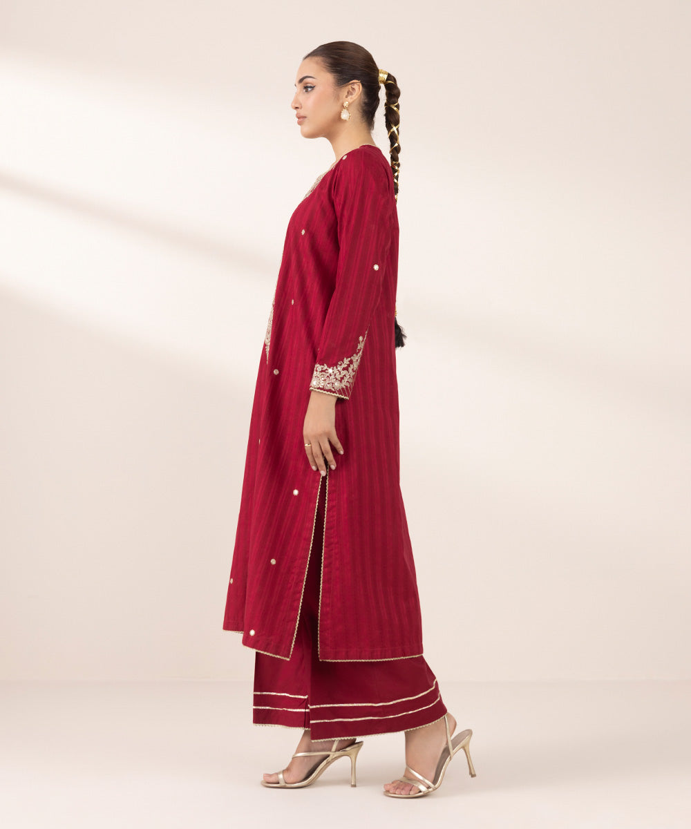 Women's RTW Dobby Red Embroidered A-Line Shirt