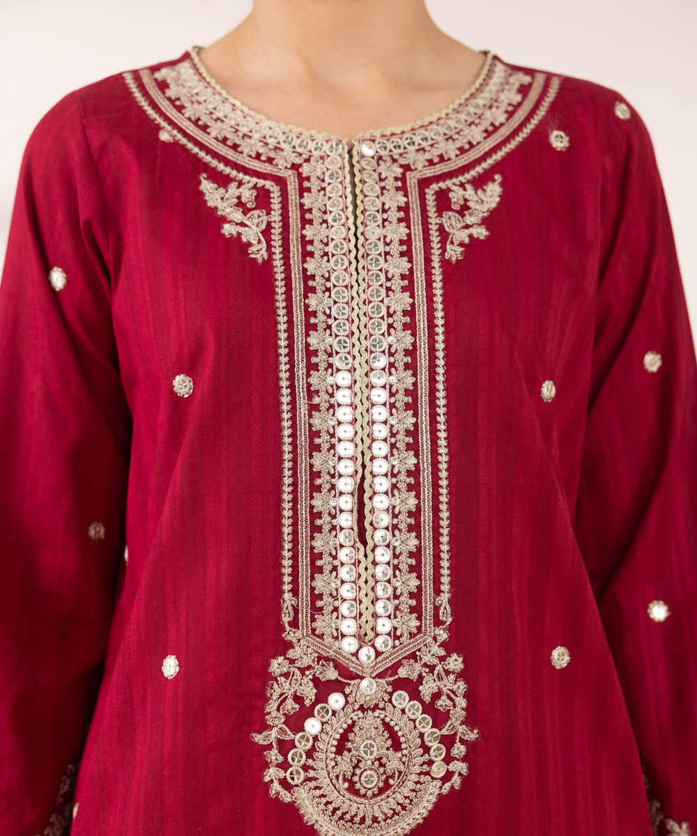 Women's RTW Dobby Red Embroidered A-Line Shirt