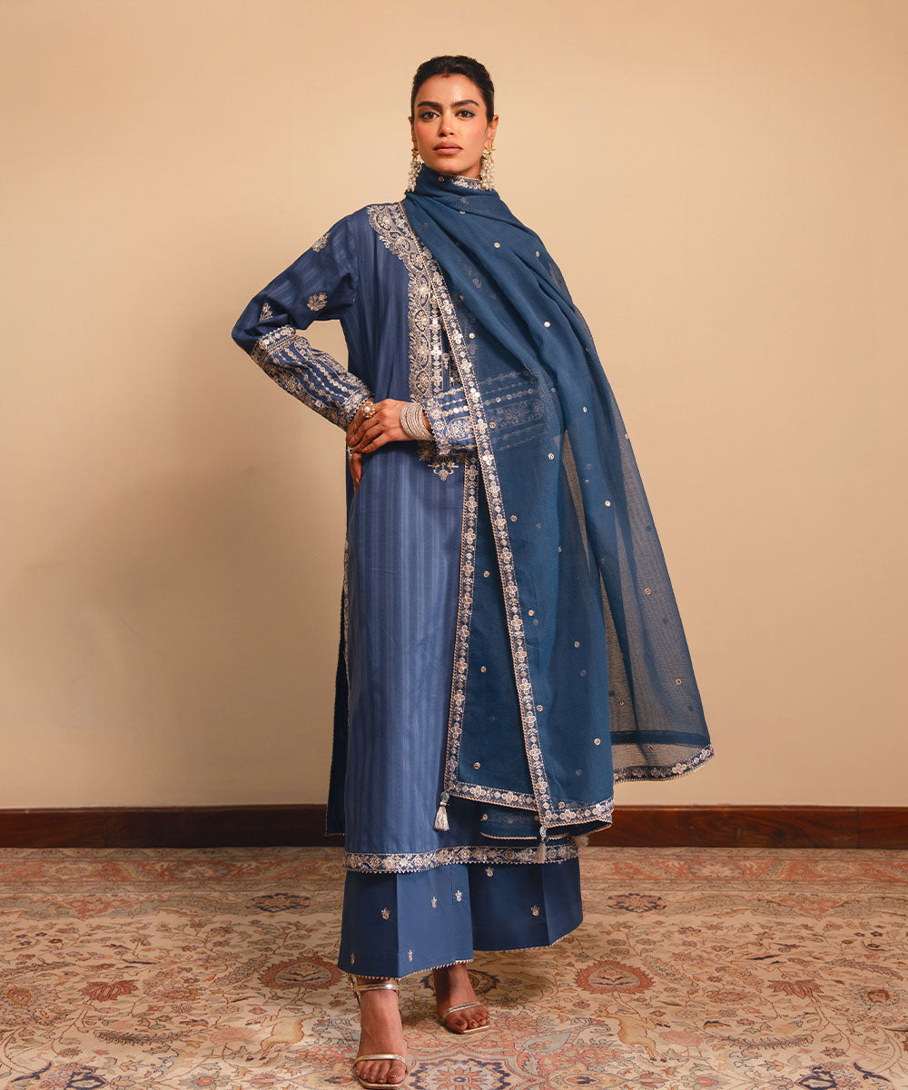Women's RTW Dobby Blue Embroidered A-Line Shirt