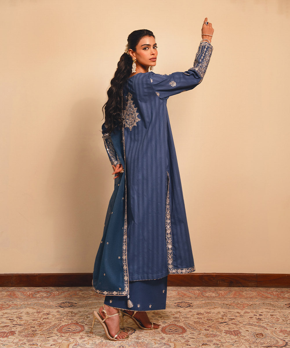 Women's RTW Dobby Blue Embroidered A-Line Shirt