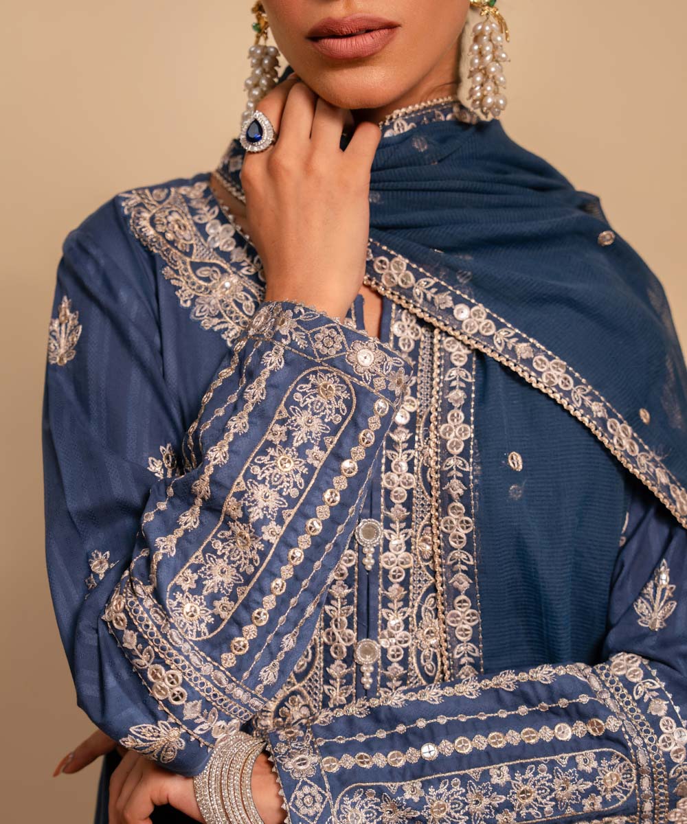 Women's RTW Dobby Blue Embroidered A-Line Shirt