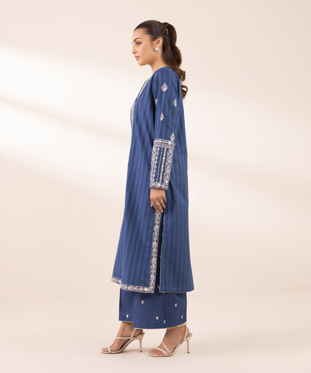 Women's RTW Dobby Blue Embroidered A-Line Shirt