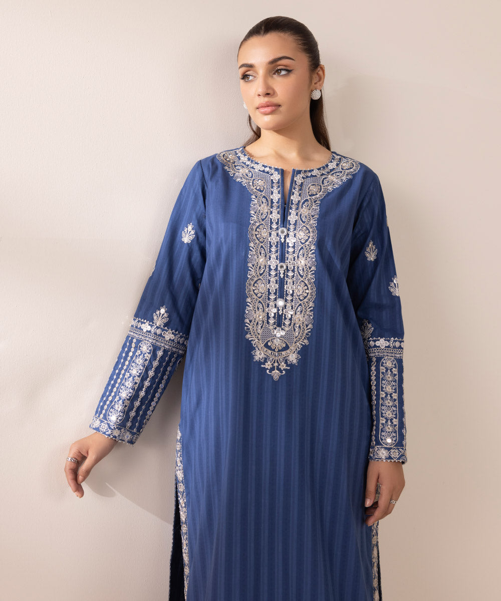 Women's RTW Dobby Blue Embroidered A-Line Shirt