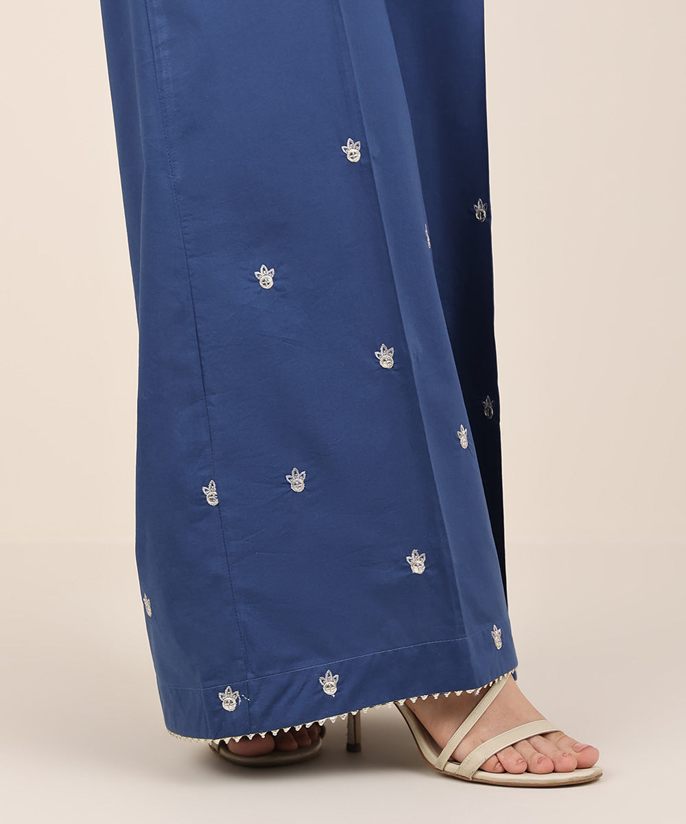 Women's RTW Cambric Blue Embroidered Flared Pants