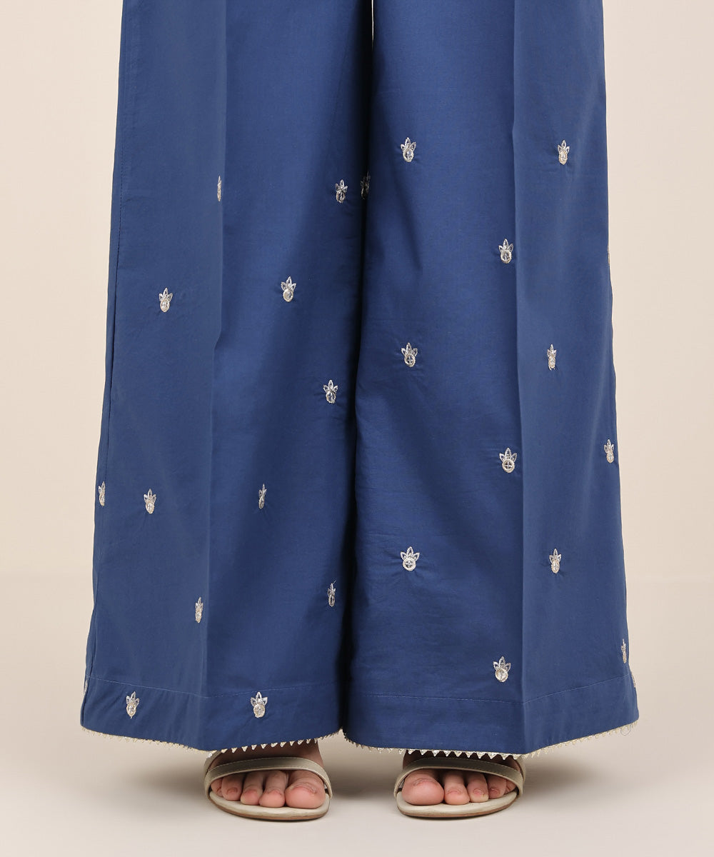 Women's RTW Cambric Blue Embroidered Flared Pants