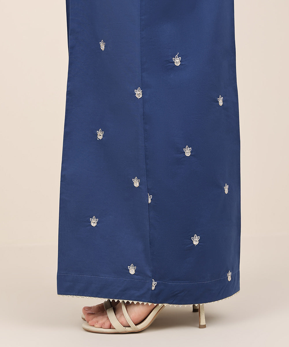 Women's RTW Cambric Blue Embroidered Flared Pants