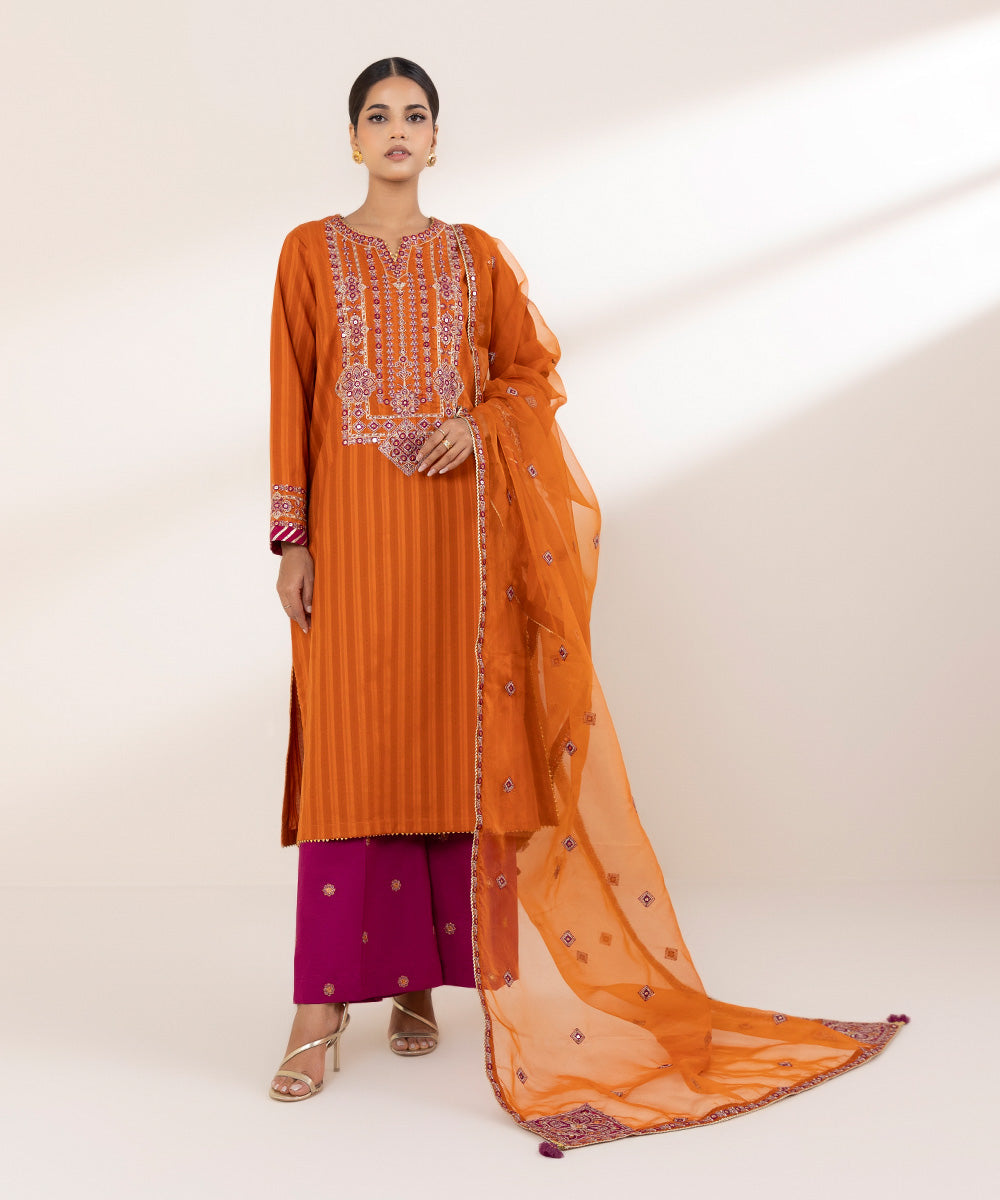 Blended Organza Orange Embroidered Dupatta