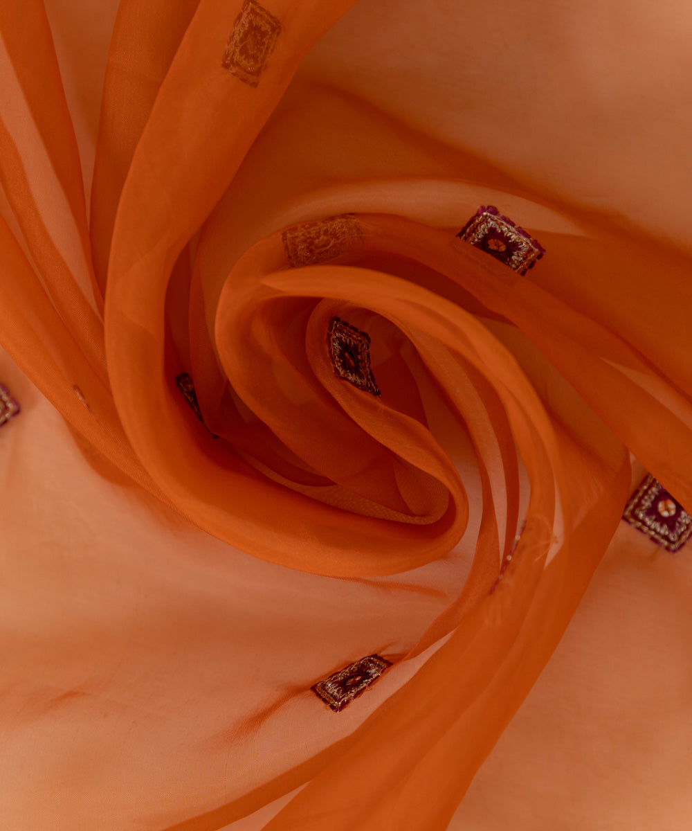 Blended Organza Orange Embroidered Dupatta
