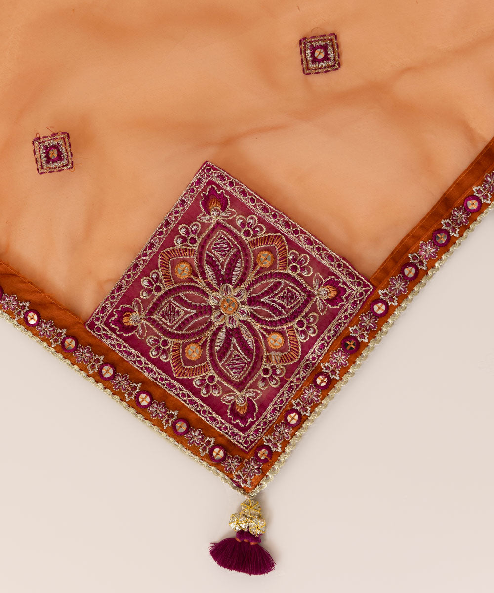 Blended Organza Orange Embroidered Dupatta
