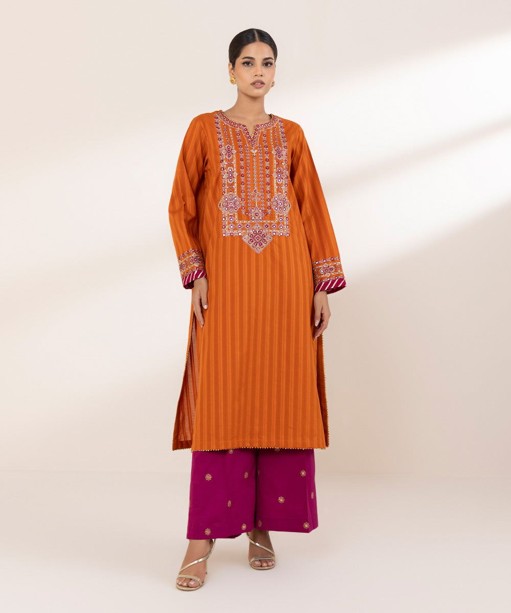 Women's RTW Dobby Orange Embroidered A-Line Shirt