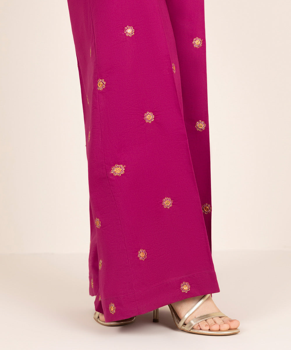 Women's RTW Cambric Pink Embroidered Flared Pants