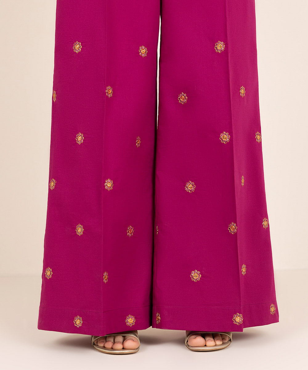 Women's RTW Cambric Pink Embroidered Flared Pants