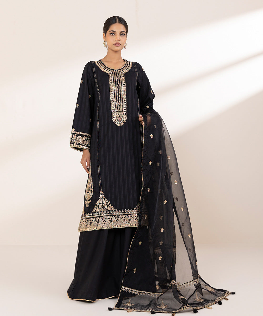 Blended Organza Black Embroidered Dupatta