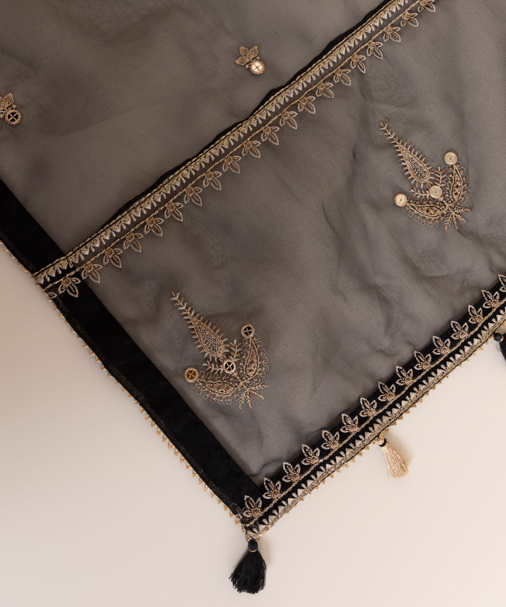 Blended Organza Black Embroidered Dupatta