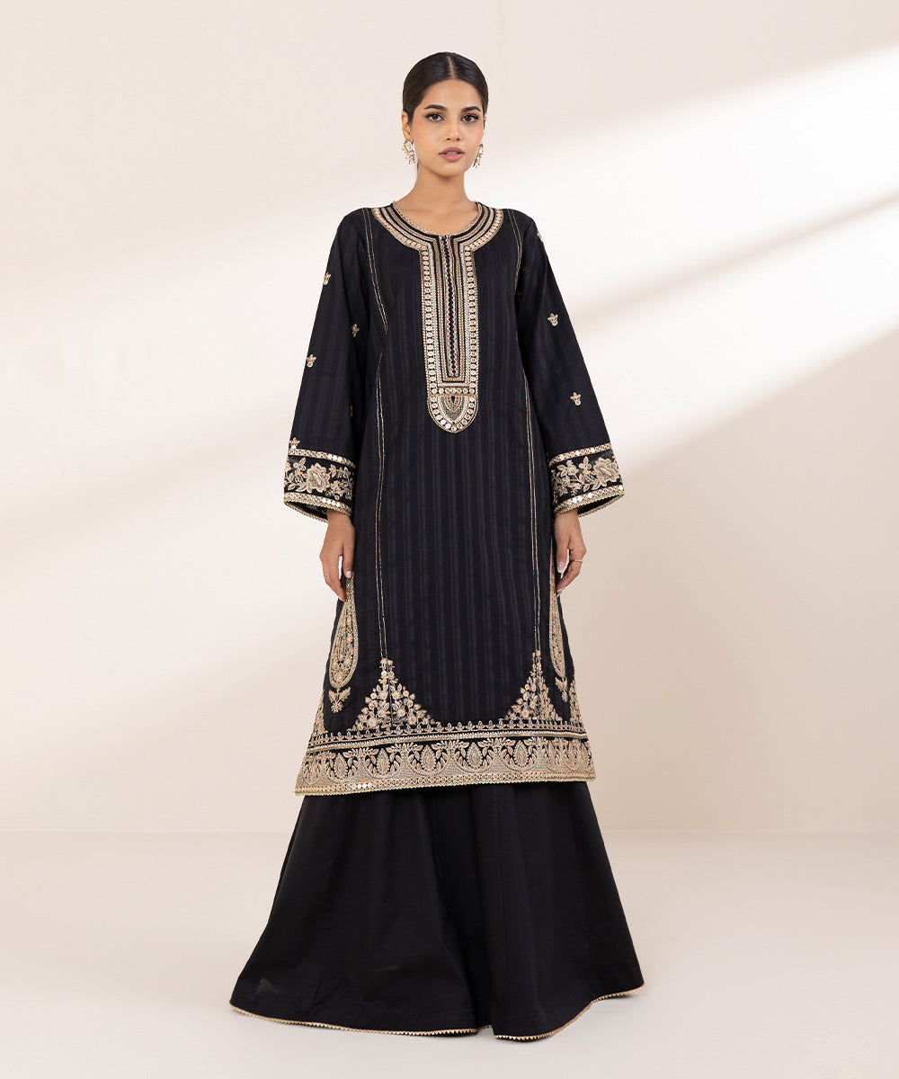 Women's RTW Dobby Black Embroidered A-Line Shirt