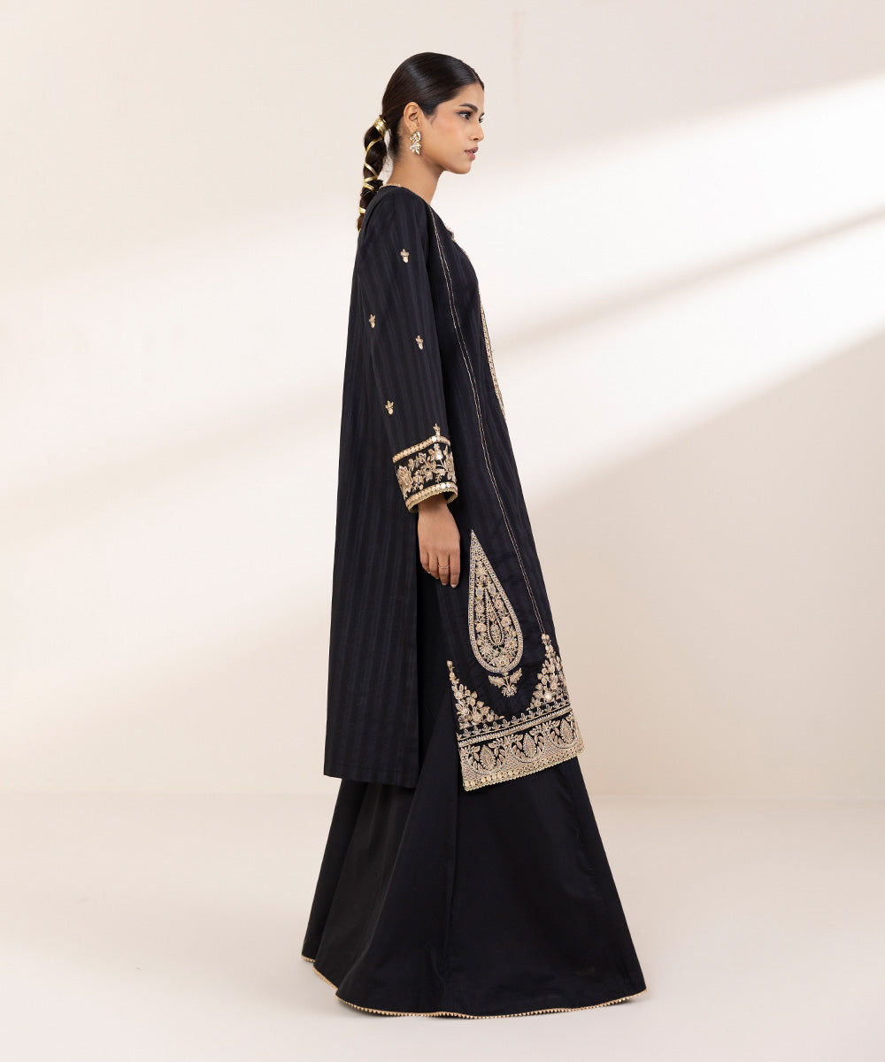 Women's RTW Dobby Black Embroidered A-Line Shirt