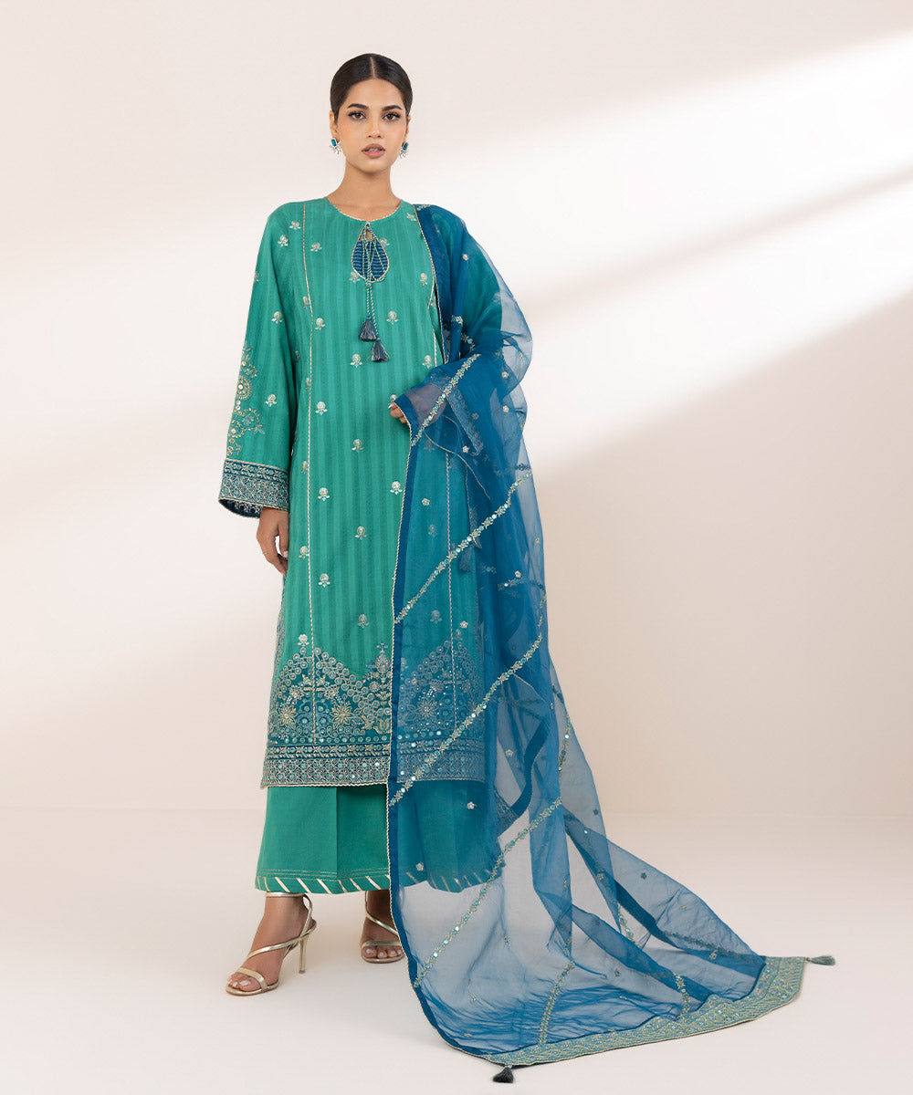 Blended Organza Blue Embroidered Dupatta