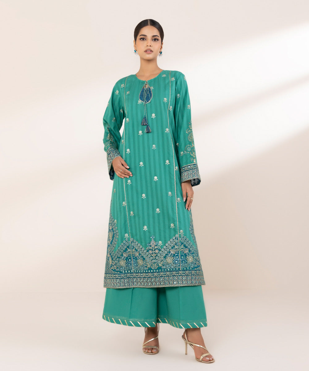 Women's RTW Dobby Green Embroidered A-Line Shirt
