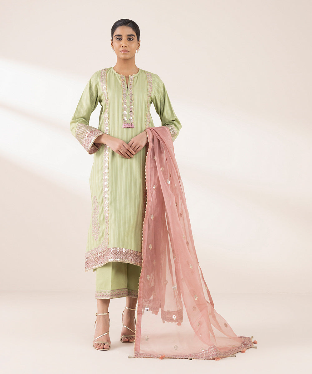 Blended Organza Pink Embroidered Dupatta