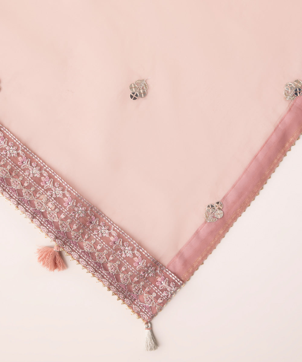 Blended Organza Pink Embroidered Dupatta