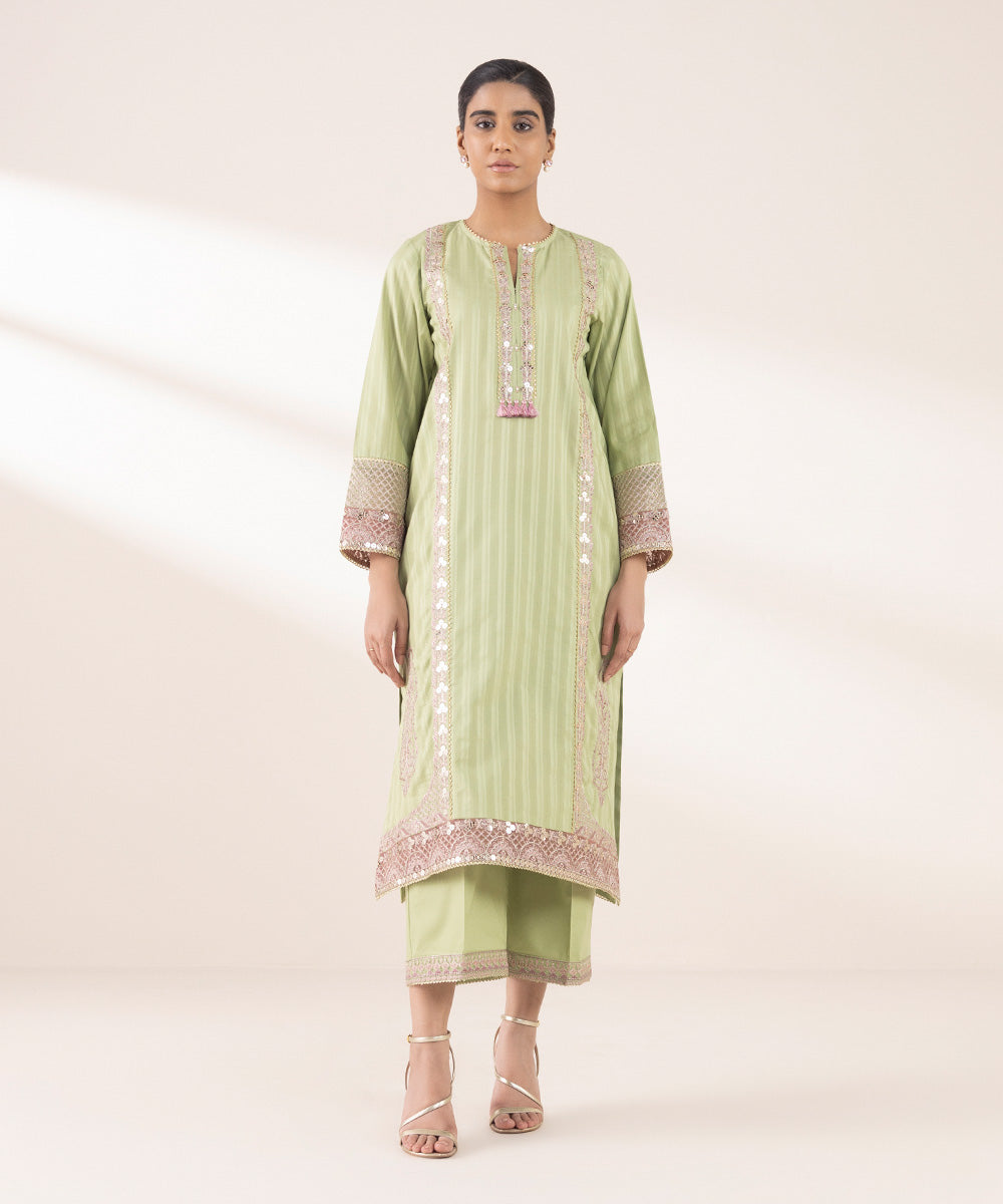 Women's RTW Dobby Green Embroidered A-Line Shirt