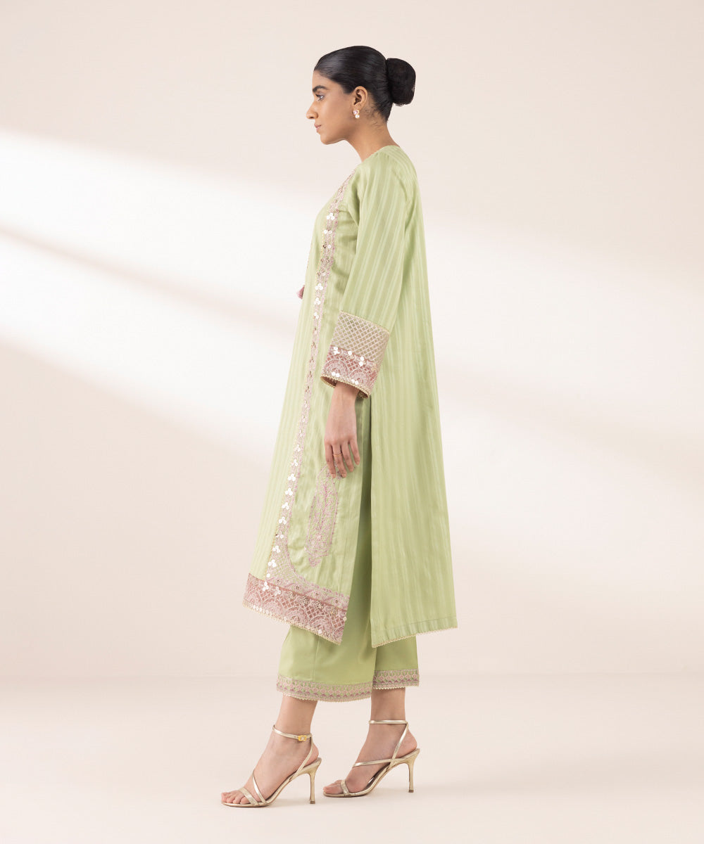 Women's RTW Dobby Green Embroidered A-Line Shirt