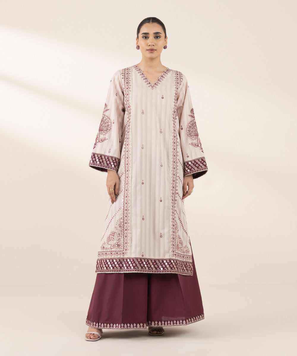 Women's RTW Dobby Pink Embroidered A-Line Shirt