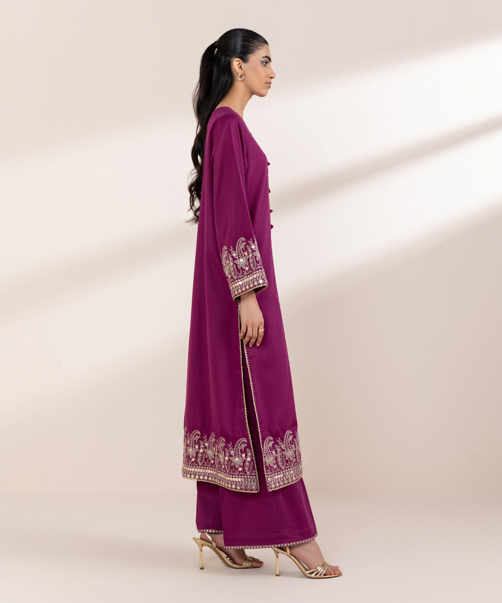 Women's RTW Dobby Purple Embroidered A-Line Shirt