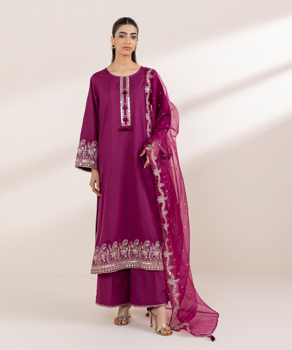 Women's RTW Dobby Purple Embroidered A-Line Shirt