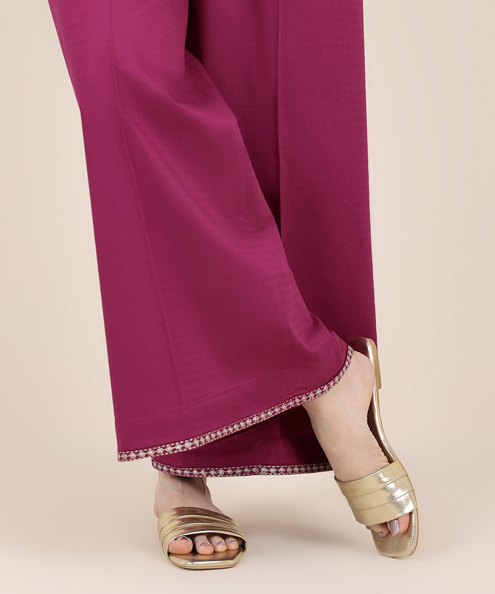 Women's RTW Textured Cotton Pink Embroidered Flared Pants