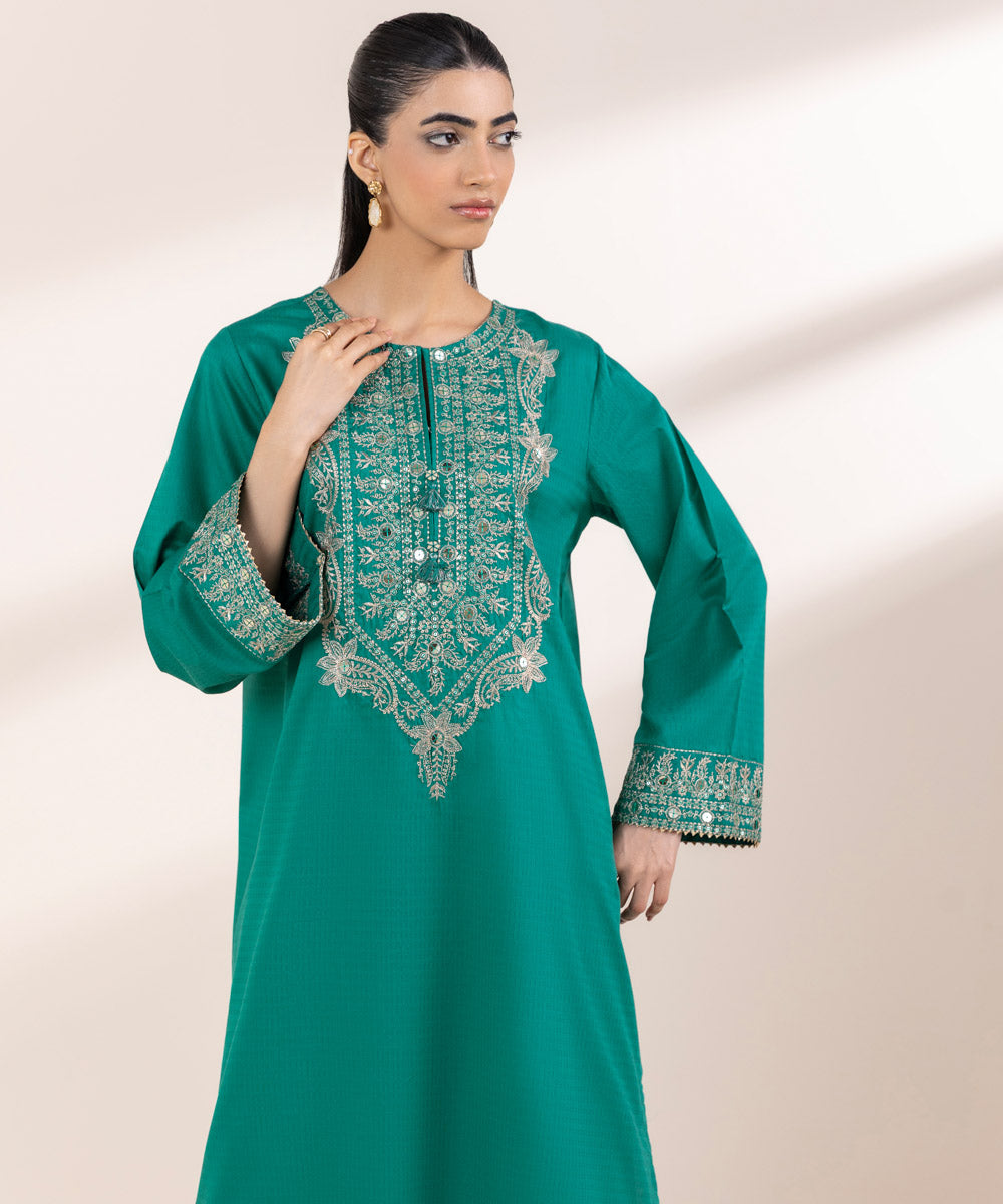 Women's RTW Dobby Green Embroidered A-Line Shirt