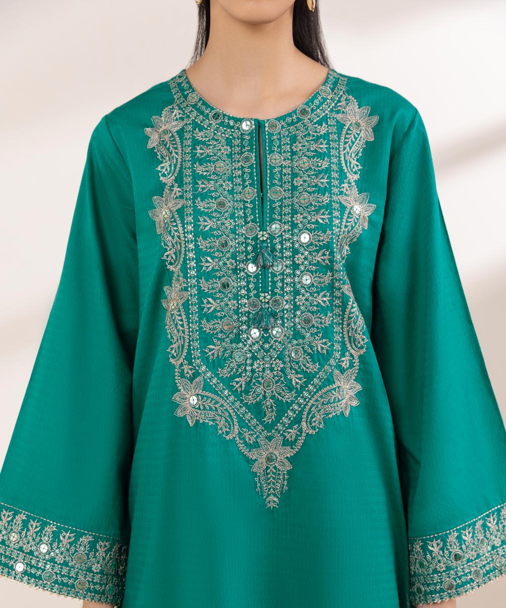 Women's RTW Dobby Green Embroidered A-Line Shirt