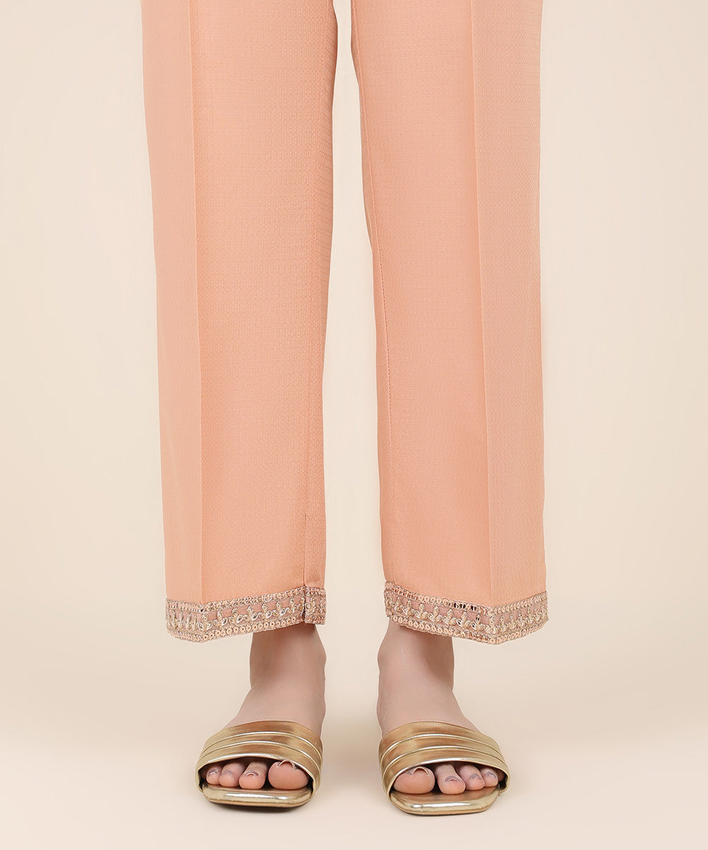 Women's RTW Textured Cotton Pink Embroidered Straight Pants