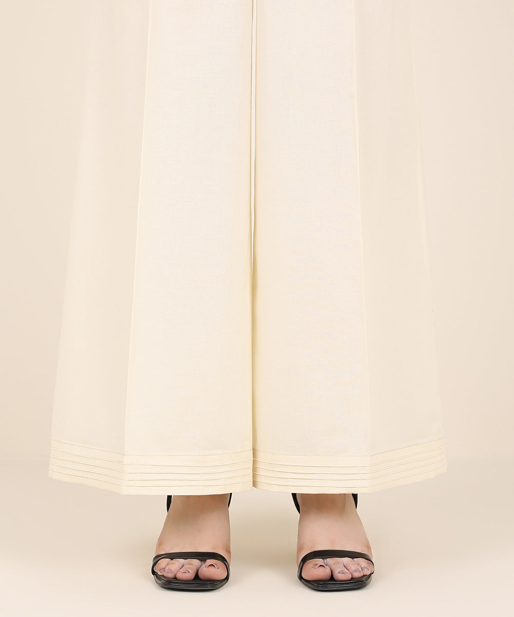 Women's RTW Cambric Off White Solid Flared Pants