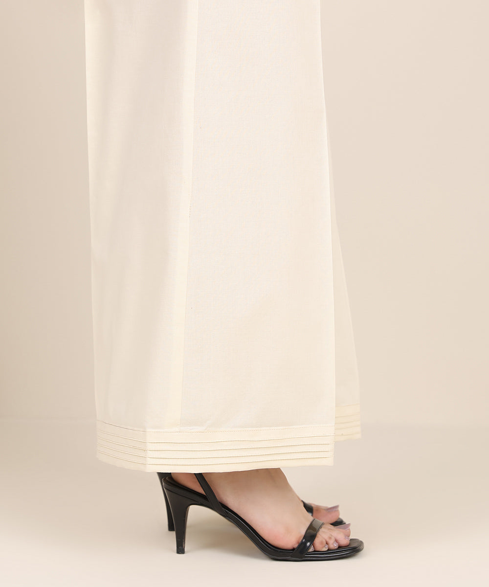 Women's RTW Cambric Off White Solid Flared Pants