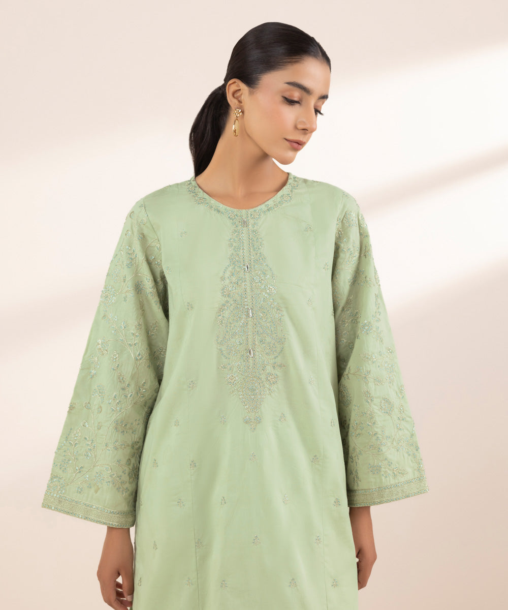 Women's RTW Cotton Jacquard Green Embroidered A-Line Shirt