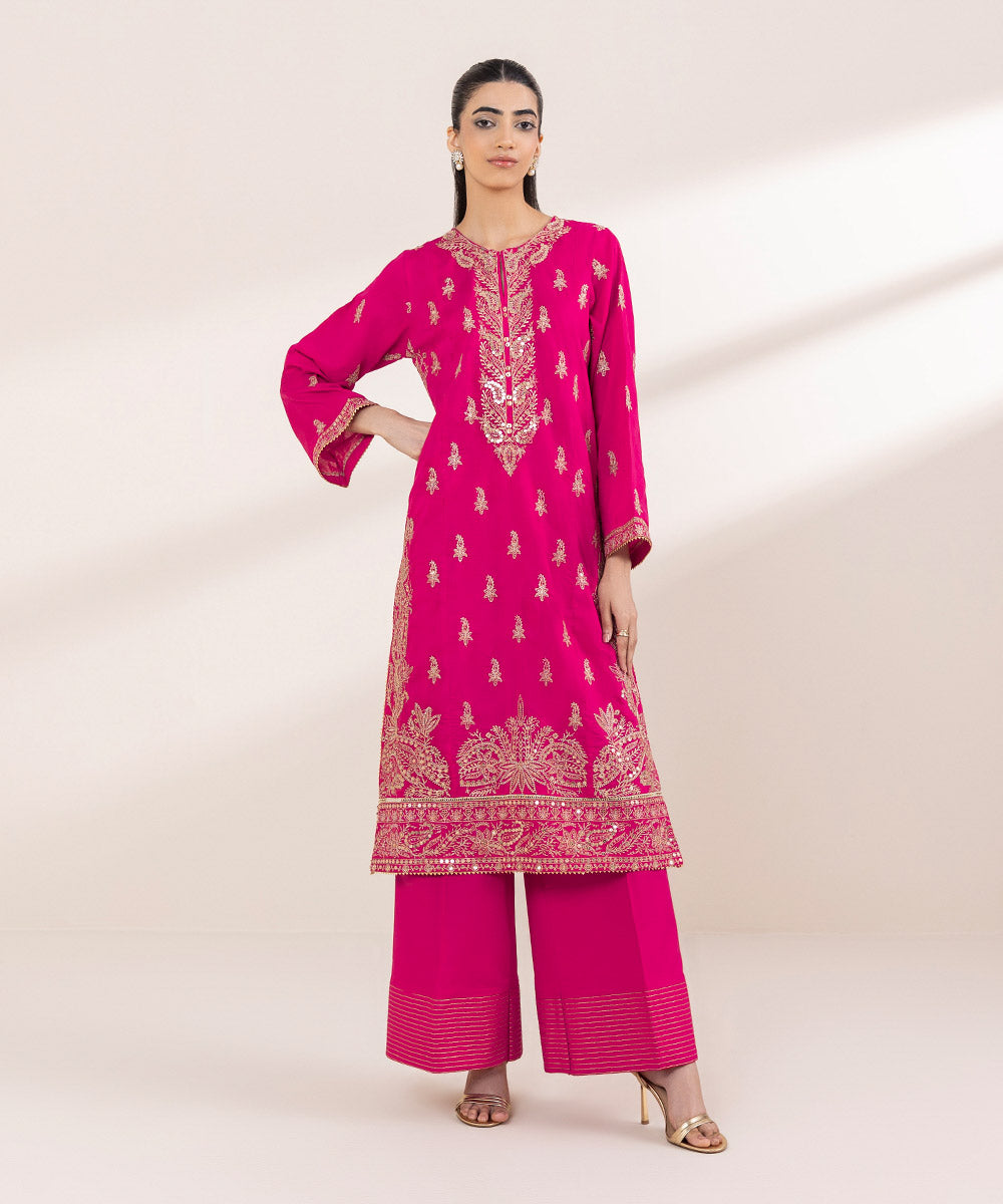 Women's RTW Cotton Jacquard Pink Embroidered A-Line Shirt