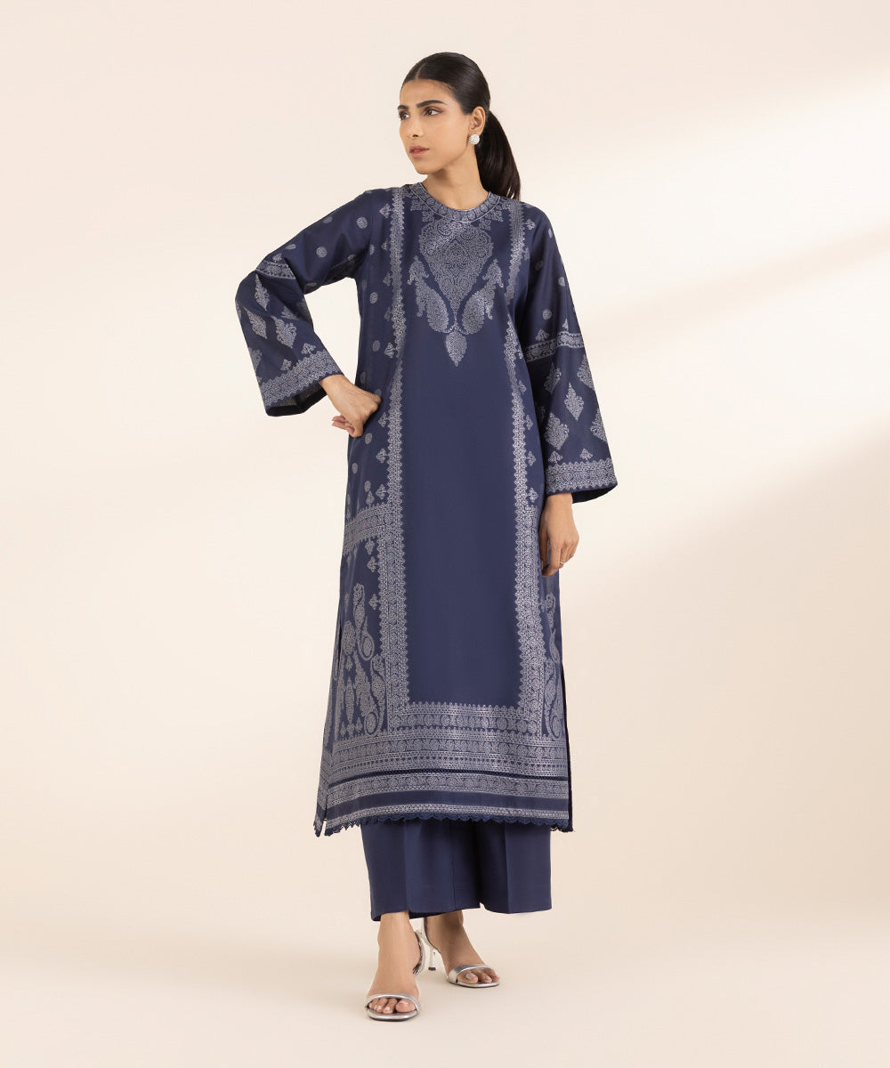 Women's RTW Extra Weft Jacquard Blue Solid A-Line Shirt